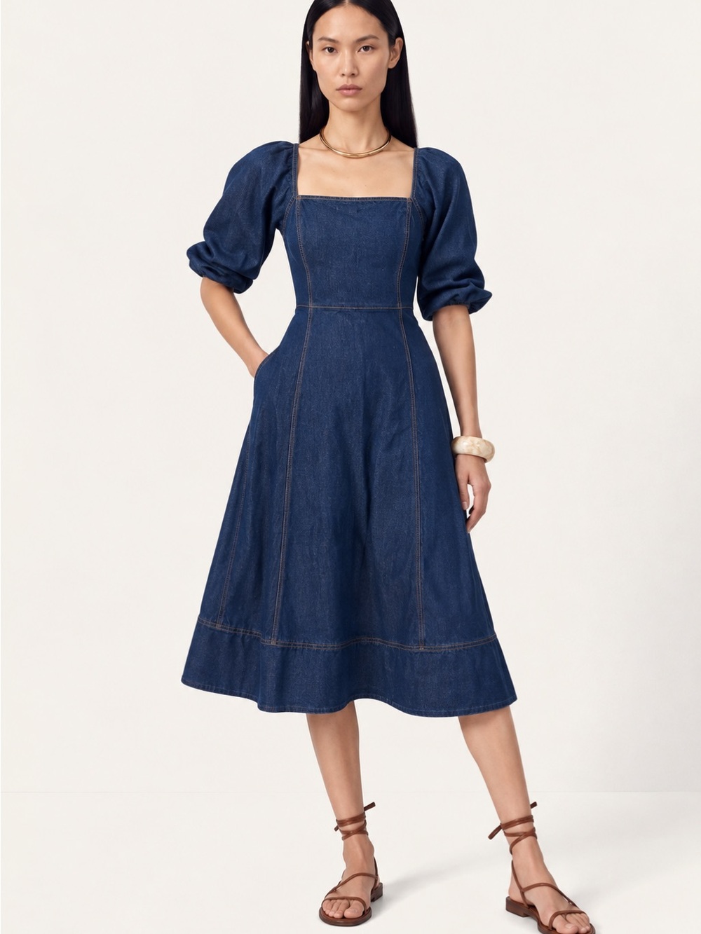 Zara Denim Puff Sleeve Midi Dress – Size Small